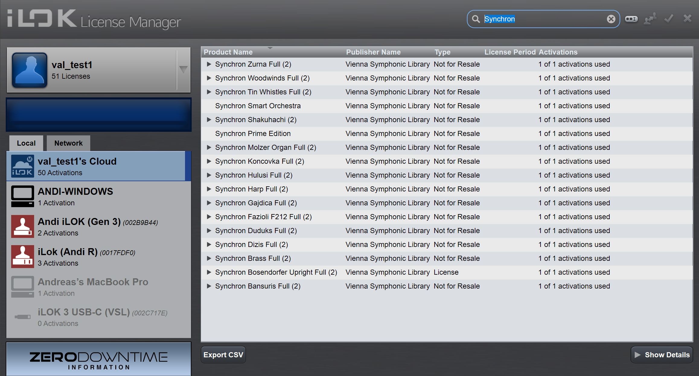 iLok License Manager software interface showing Vienna Symphonic Library product licenses, activations, and cloud information for installation and activation.