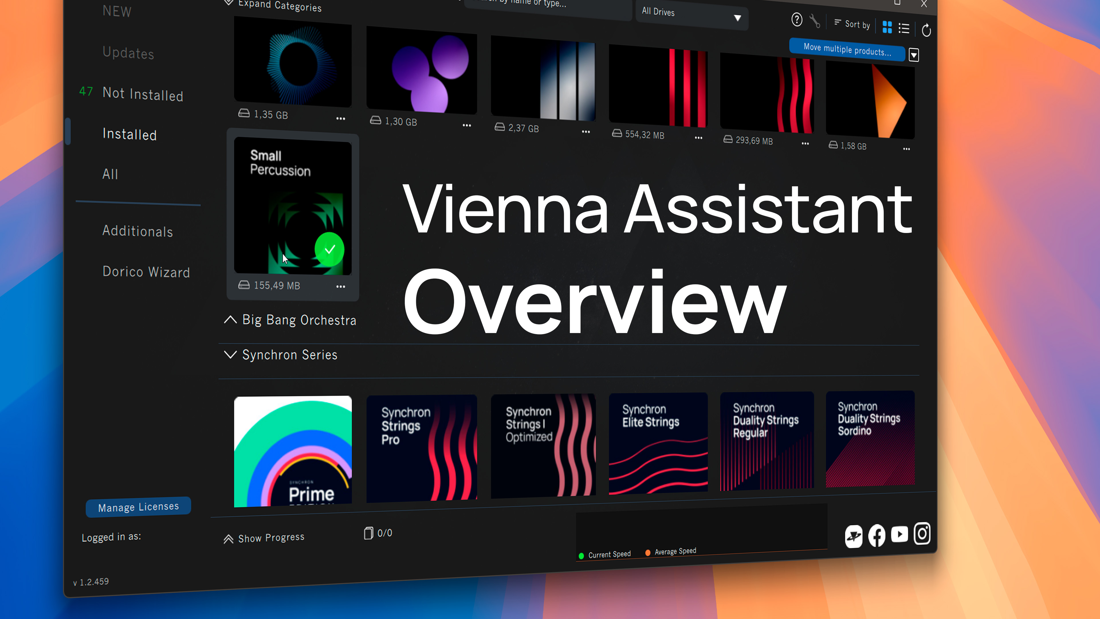 Screenshot of the Vienna Assistant software displaying an overview of available sound libraries and licenses, including Small Percussion, Big Bang Orchestra, and Synchron Series with various string instrument libraries.