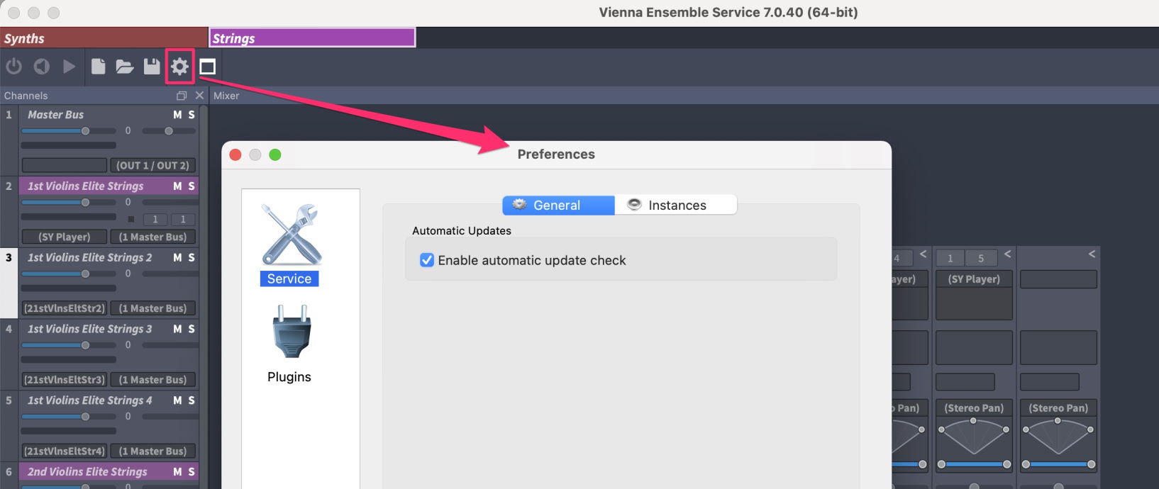 Vienna Ensemble Pro software interface showing the highlighted settings or preferences icon and the preferences dialog box with general and audio MIDI options.