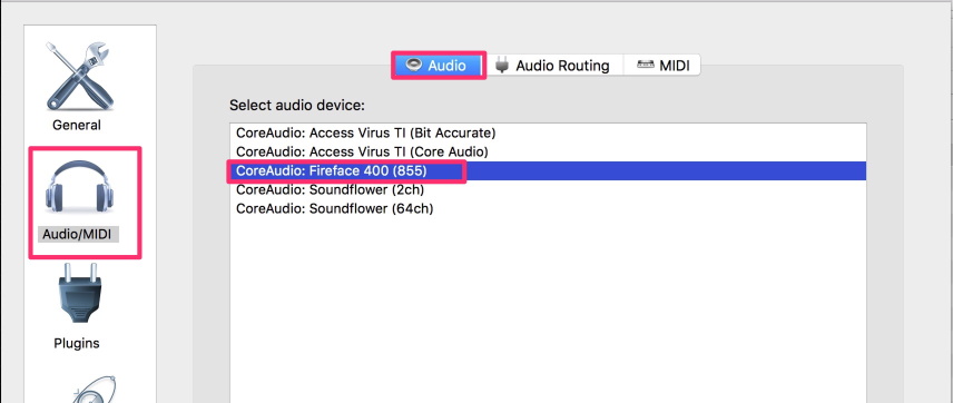 Screenshot of Vienna Ensemble Pro audio settings, showing the CoreAudio Fireface 400 (855) interface selected under the Audio/MIDI tab.