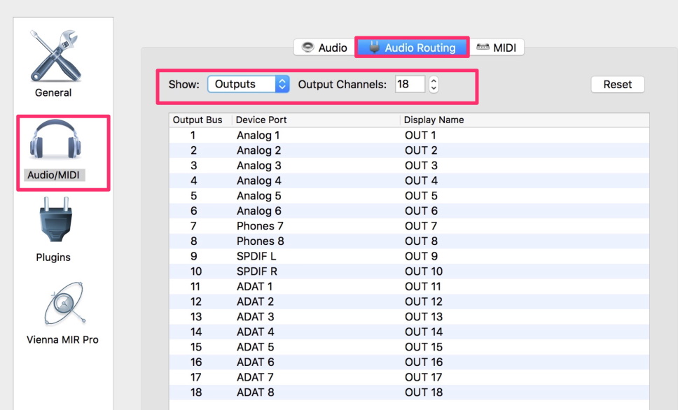 Screenshot of Vienna Ensemble Pro interface showing Audio/MIDI settings, Audio Routing tab, and a table of 18 output channels with device ports.