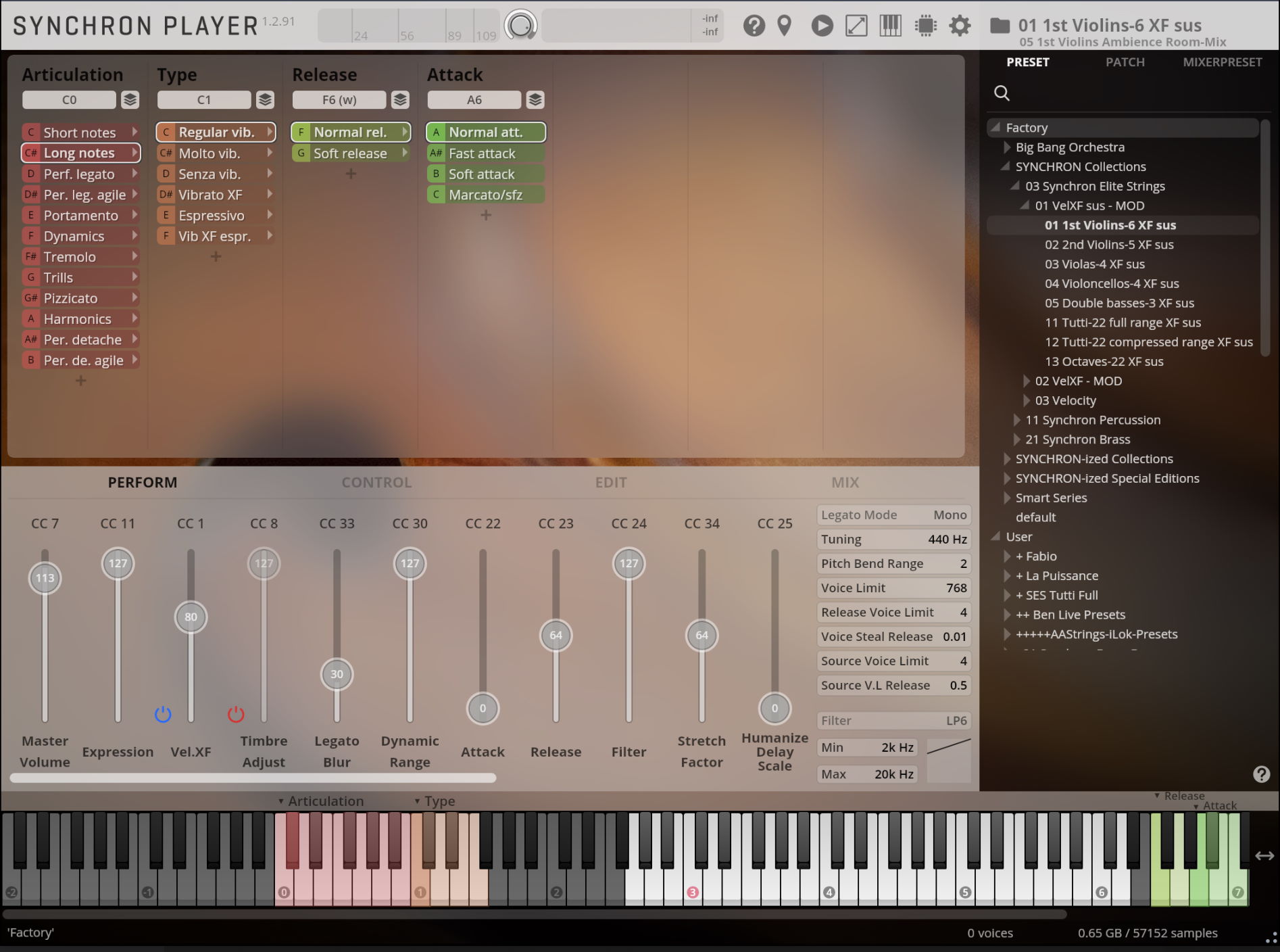 Screenshot of the Vienna Synchron Player software interface, displaying preset and patch selection, articulation options like Vertical Trem and Harm. Cluster, audio controls for performance, control, edit, and mix, along with a virtual keyboard and detailed sound wave visualizations, optimized for users of Epic Orchestra 2.0.