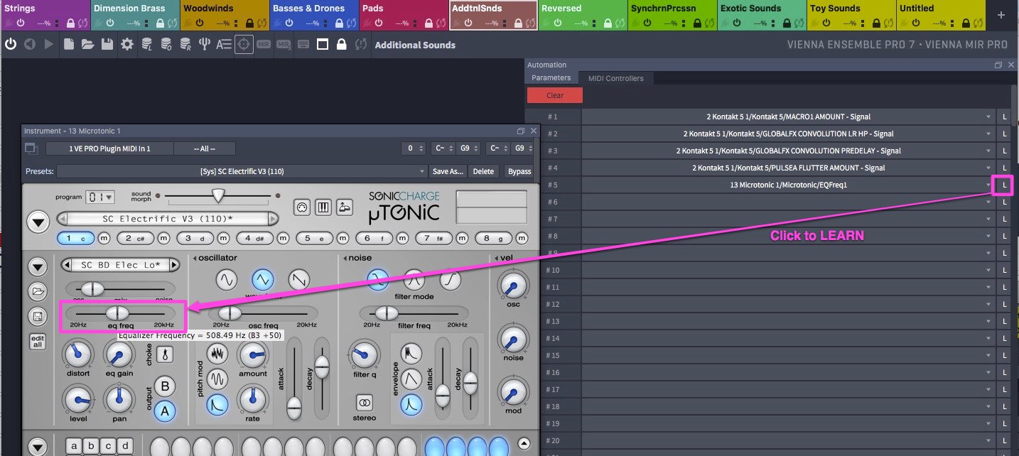 Vienna Ensemble Pro 7 automation setup showing how to link a SonicCharge µTonic equalizer frequency to a parameter for touch automation, with a pink overlay highlighting the Click to LEARN button.