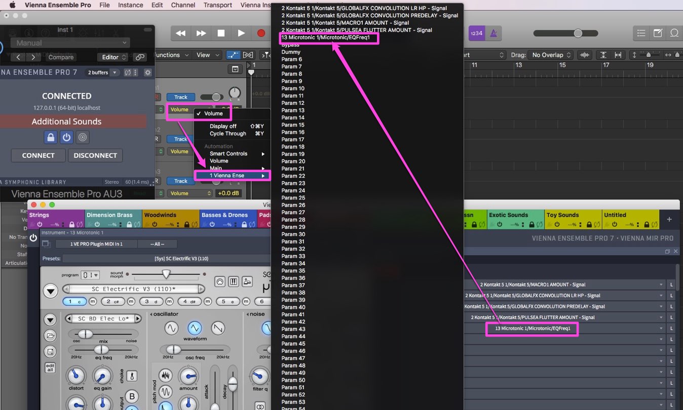 Vienna Ensemble Pro 7 automation setup showing Microtonic EQFreq1 parameter selection for music production.