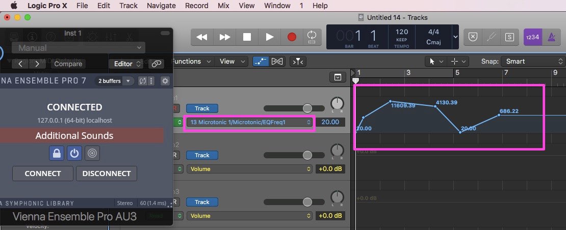Vienna Ensemble Pro 7 interface in Logic Pro X, displaying connected status, parameter automation for Microtonic EQFreq1, and a graphical automation curve from a digital audio workstation.