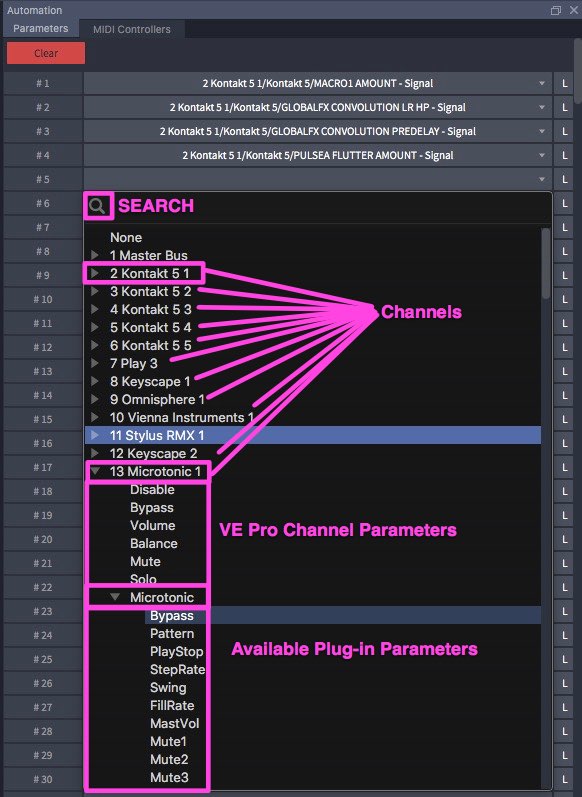 Vienna Ensemble Pro 7 automation parameters window showing channels, VE Pro channel parameters, and available plugin parameters for detailed audio control.