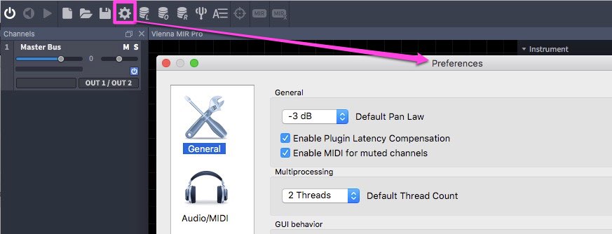Vienna Ensemble Pro software interface showing the highlighted settings or preferences icon and the preferences dialog box with general and audio MIDI options.