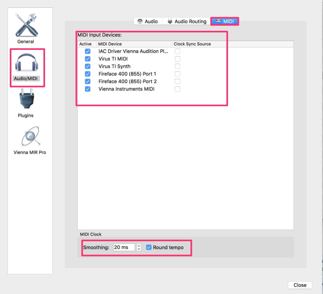 Screenshot of Vienna Ensemble Pro's Audio/MIDI settings, showing MIDI input devices like Vienna Instruments, Virus TI, and Fireface, with options for Smoothing and Round tempo highlighted.