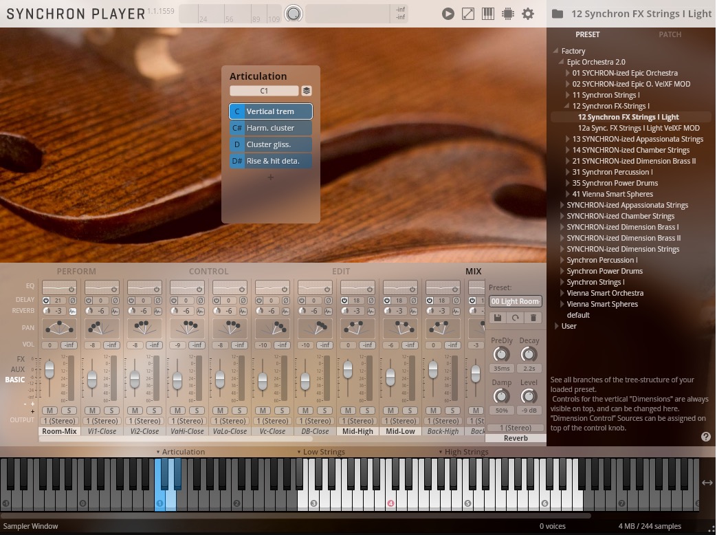 Screenshot of the Vienna Synchron Player software interface, displaying preset and patch selection, articulation options like Vertical Trem and Harm. Cluster, audio controls for performance, control, edit, and mix, along with a virtual keyboard and detailed sound wave visualizations, optimized for users of Epic Orchestra 2.0.