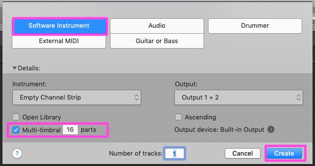 Screenshot of Cubase or similar DAW interface showing Software Instrument selected and Multi-timbral with 16 parts checked, demonstrating VEPro routing setup workflow for 16-part multi-timbral MIDI instrument.
