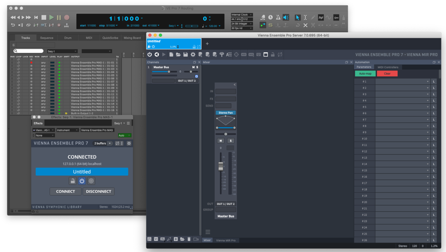 VEPro 7 routing setup for digital audio workstations, showing Vienna Ensemble Pro Server and Vienna Symmetric Library interfaces with connection and mixing controls.