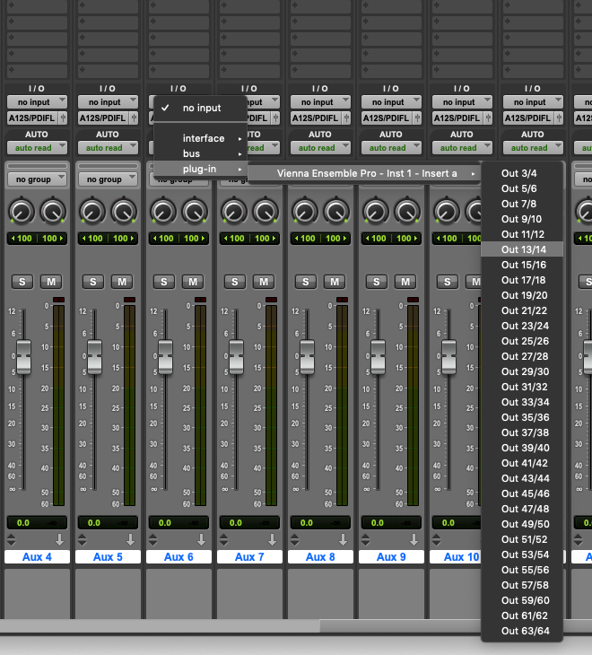 Digital Audio Workstation (DAW) mixer interface showing Vienna Ensemble Pro routing options with Aux channels and output bus selections for Cubase.