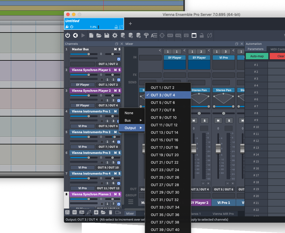 Screenshot of Vienna Ensemble Pro interface showing how to route virtual instrument outputs to digital audio workstation channels, with OUT 3 / OUT 4 selected in a dropdown menu.