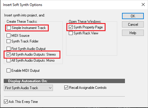 Screenshot of the Insert Soft Synth Options window in Cubase, showing selected options for a Simple Instrument Track, Synth Property Page, and All Synth Audio Outputs: Stereo, relevant for VEPro routing in a Digital Audio Workstation.