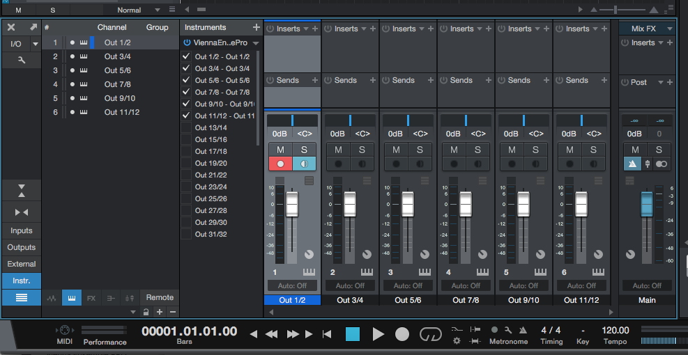 Screenshot of a Digital Audio Workstation (DAW) interface, likely Cubase, showing channel outputs and Vienna Ensemble Pro (VEPro) instrument routing with faders and controls, demonstrating audio signal flow for music production.