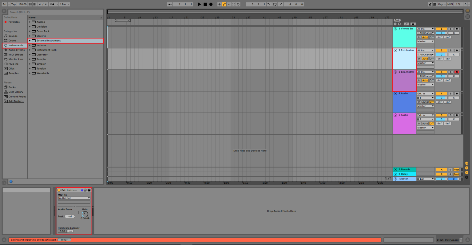Ableton Live interface showing Instruments with External Instrument selected, an empty arrangement view, details for the selected External Instrument including MIDI To and Hardware Latency, and an orange warning bar at the bottom.