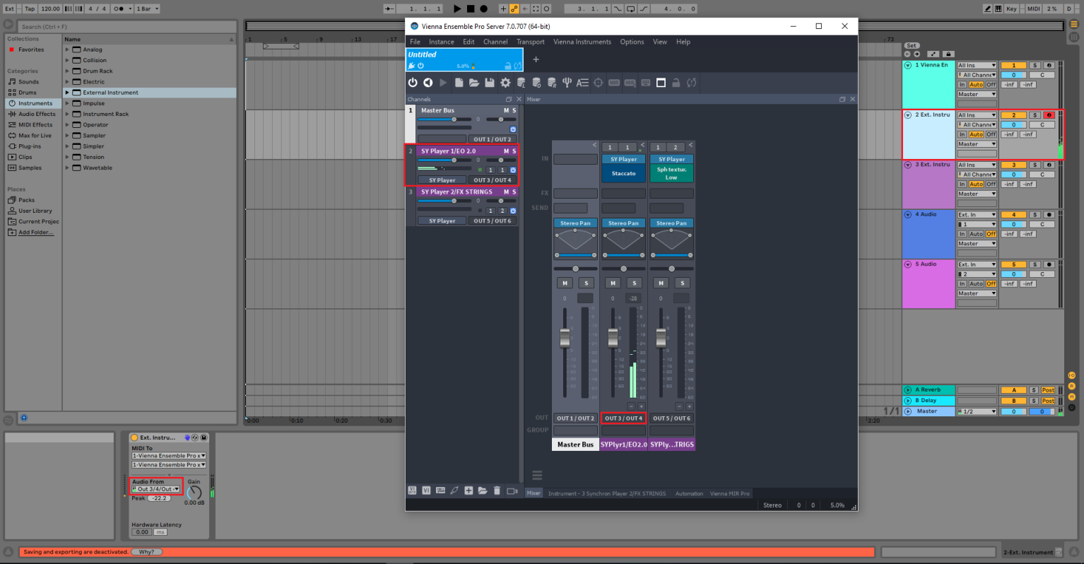 Vienna Ensemble Pro routing stereo output 3/4 to an external instrument in a Digital Audio Workstation.