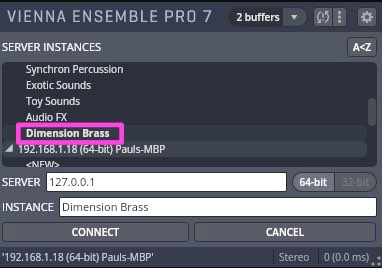 Vienna Ensemble Pro 7 interface displaying server instances, with Dimension Brass highlighted, showing IP address, server, and instance details for audio software configuration.