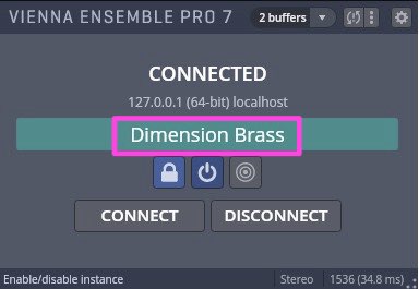 Vienna Ensemble Pro 7 interface showing Dimension Brass selected, connected to localhost with project details and file format information.