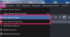 Vienna Ensemble Pro 7 File menu showing Save Server Project and Save Server Project As options highlighted.