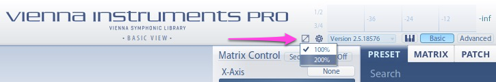 Screenshot of the Vienna Instruments PRO software interface, highlighting the display scaling options (100% and 200%) accessible via a gear icon, with the text Version 2.5.18576 visible next to it.