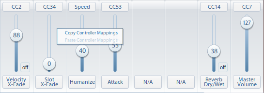 Vienna Instruments PRO interface displaying adjustable parameters like Velocity X-Fade, Slot X-Fade, Humanize, and Master Volume, with a tooltip showing Copy Controller Mappings.