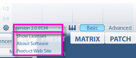 Software version 2.0.9534 dropdown menu showing options for Show Licenses, About Software, and Product Web Site, next to Basic and Advanced view buttons.