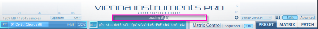 Screenshot of Vienna Instruments Pro interface during loading, displaying Loading (55%) progress bar and Advanced view option.