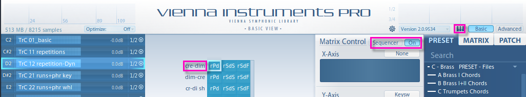 Screenshot of the Vienna Instruments PRO 2 interface showing the APP Sequencer turned on, with playback and pattern sequencing options highlighted.