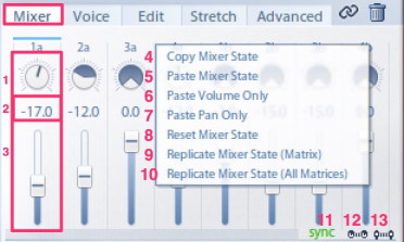 Digital audio mixer interface with a context menu open, showing options like Copy Mixer State, Paste Mixer State, and Reset Mixer State.