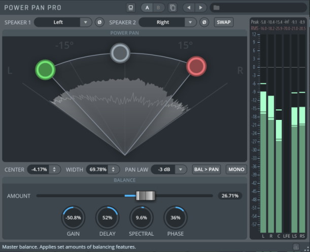 PowerPan Pro audio plugin interface showing controls for instrument positioning, panning, balance, gain, delay, spectral, and phase, with a graphical representation of sound distribution and level meters.