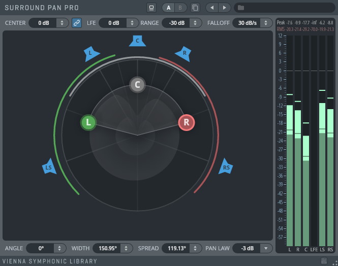 Surround Pan Pro plugin interface showing a circular surround sound field and channel level meters.