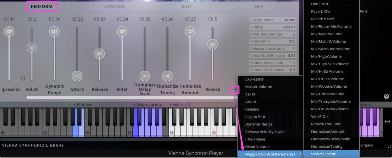 Digital Audio Workstation (DAW) mixer interface, likely Cubase, showing MIDI port and channel routing options for VEPro plugin, with MIDI In 1 selected for a brass instrument track.