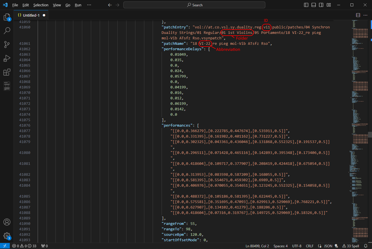 Code editor showing JSON parameters for creating custom audio presets in Synchron Player, with highlighted sections for patch entry, folder, patch name, abbreviation, and performance delays.
