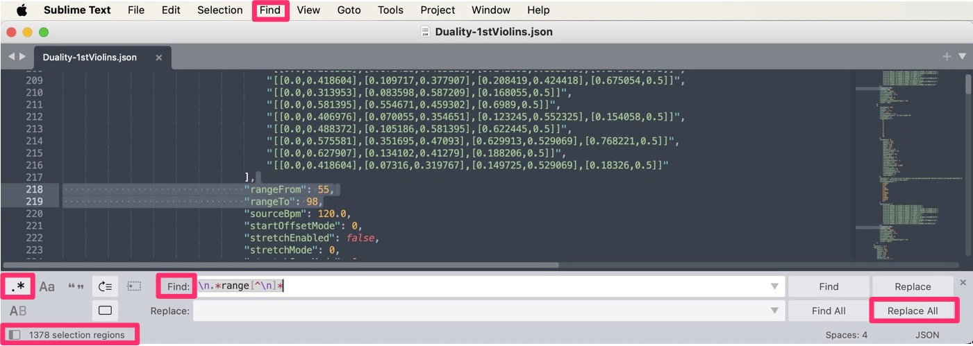 Sublime Text editor showing a JSON file with 'rangeFrom' and 'rangeTo' parameters, highlighting the 'Find' and 'Replace All' options for creating custom presets.