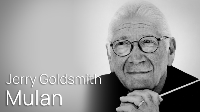 Black and white portrait of composer Jerry Goldsmith, with text overlay Jerry Goldsmith Mulan. He is an older man with white hair, wearing glasses, holding a conductor's baton, and smiling slightly.