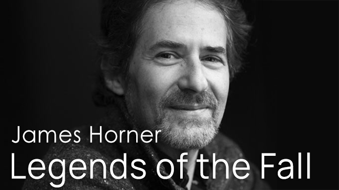 Black and white portrait of composer James Horner, a man with curly hair and a beard, in front of a dark background with text overlay James Horner Legends of the Fall.