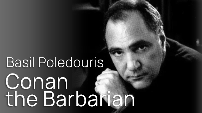 Basil Poledouris, composer of Conan the Barbarian, in a black and white portrait.
