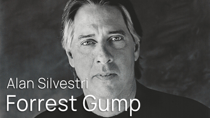 Black and white headshot of Alan Silvestri, composer for the 1994 film Forrest Gump. His name and the movie title are overlaid.