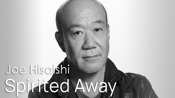 Black and white headshot of Joe Hisaishi, composer for Spirited Away, with the text Joe Hisaishi Spirited Away partially overlaid.