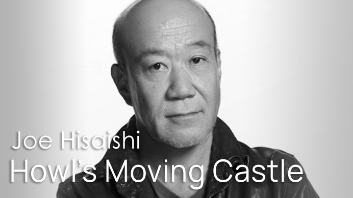 Joe Hisaishi, composer for Howl's Moving Castle. Black and white photo of a bald East Asian man looking forward, text overlay.