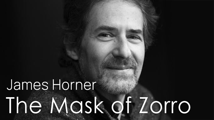Black and white close-up of film composer James Horner, known for The Mask of Zorro film score.