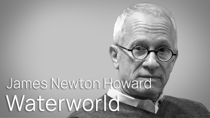 Black and white headshot of James Newton Howard, the composer for the 1995 film Waterworld, featuring his name and movie title overlay text