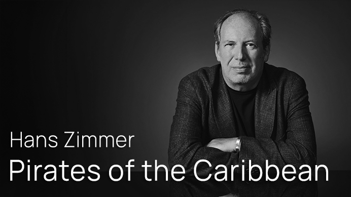 Black and white portrait of composer Hans Zimmer with text Hans Zimmer, Pirates of the Caribbean