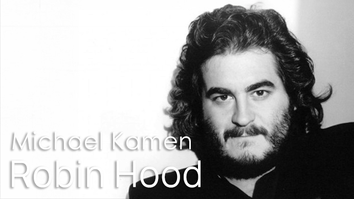 Black and white portrait of Michael Kamen, the composer for the 1991 film Robin Hood Prince of Thieves, with text overlay.