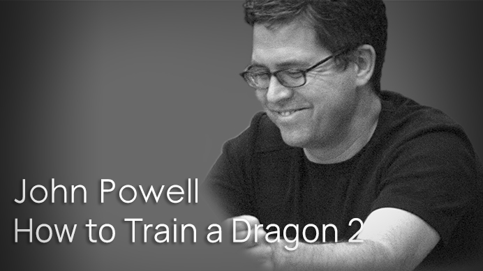 Black and white headshot of John Powell, the composer for How to Train Your Dragon 2, featuring visible text John Powell How to Train a Dragon 2.
