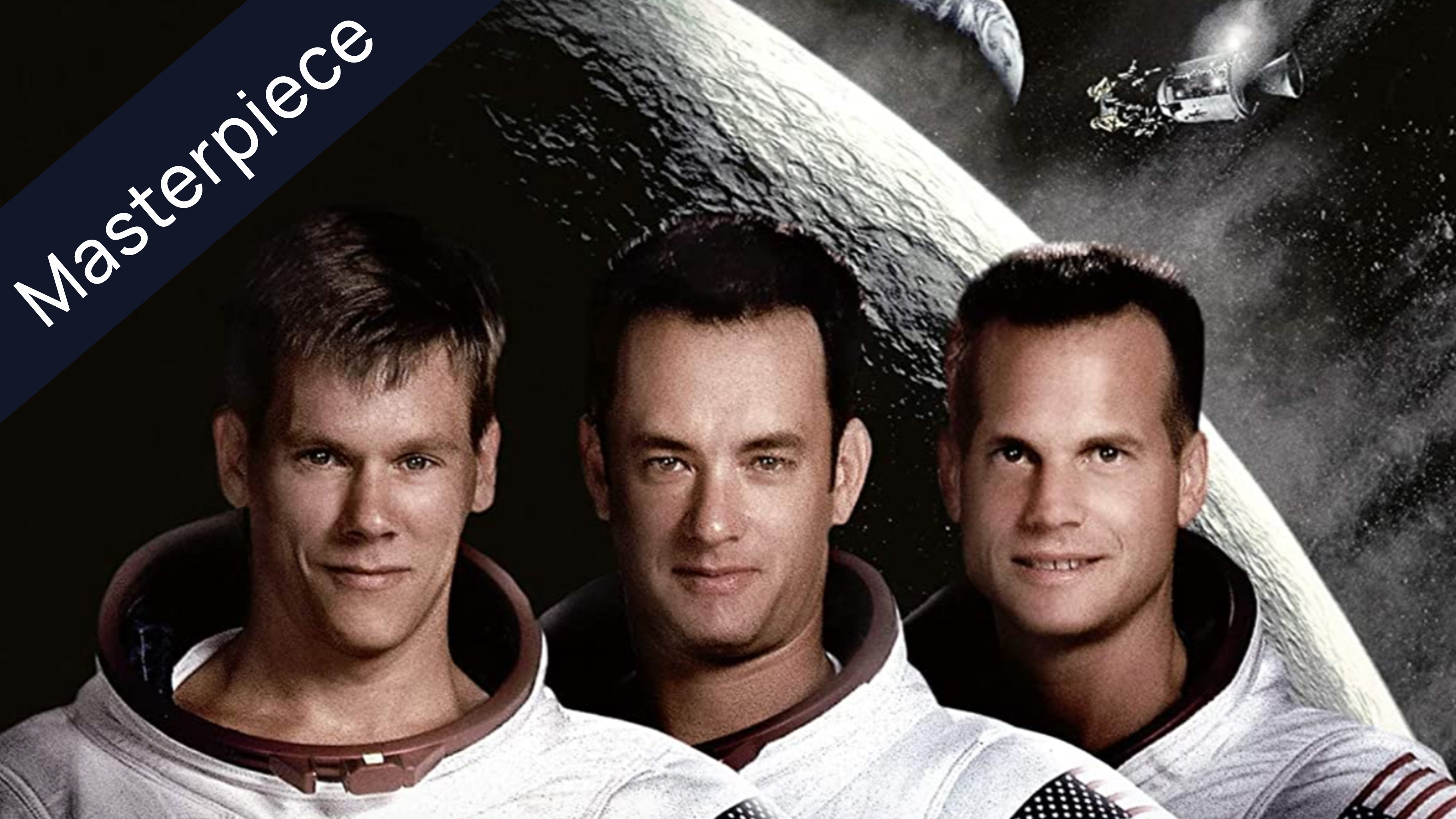 Promotional poster for the movie Apollo 13 featuring actors Tom Hanks, Bill Paxton, and Kevin Bacon in astronaut suits, with a moon and spacecraft in the background.