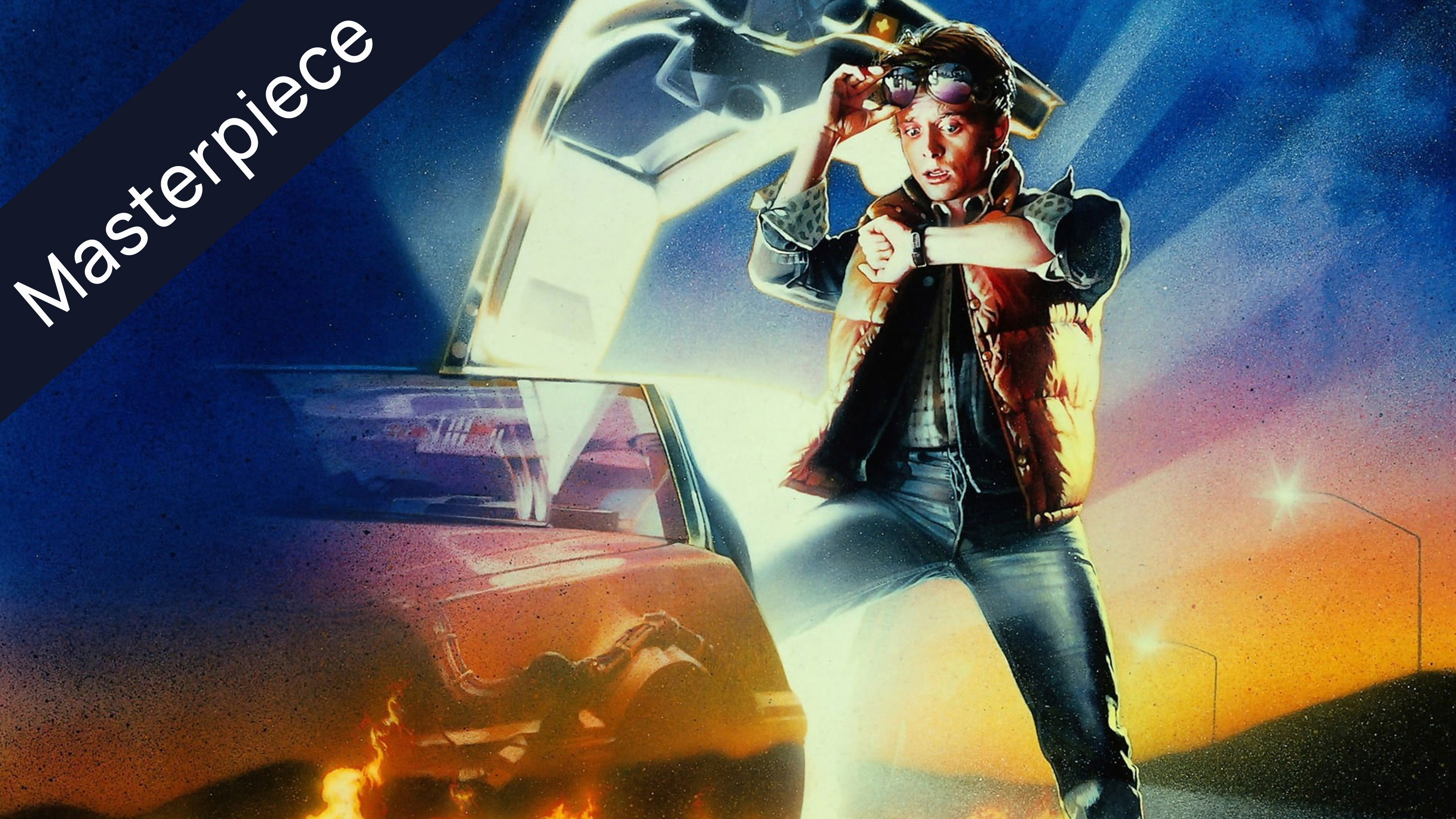 Movie poster for Back to the Future, featuring Marty McFly checking his watch next to a flaming DeLorean, with Masterpiece overlay.