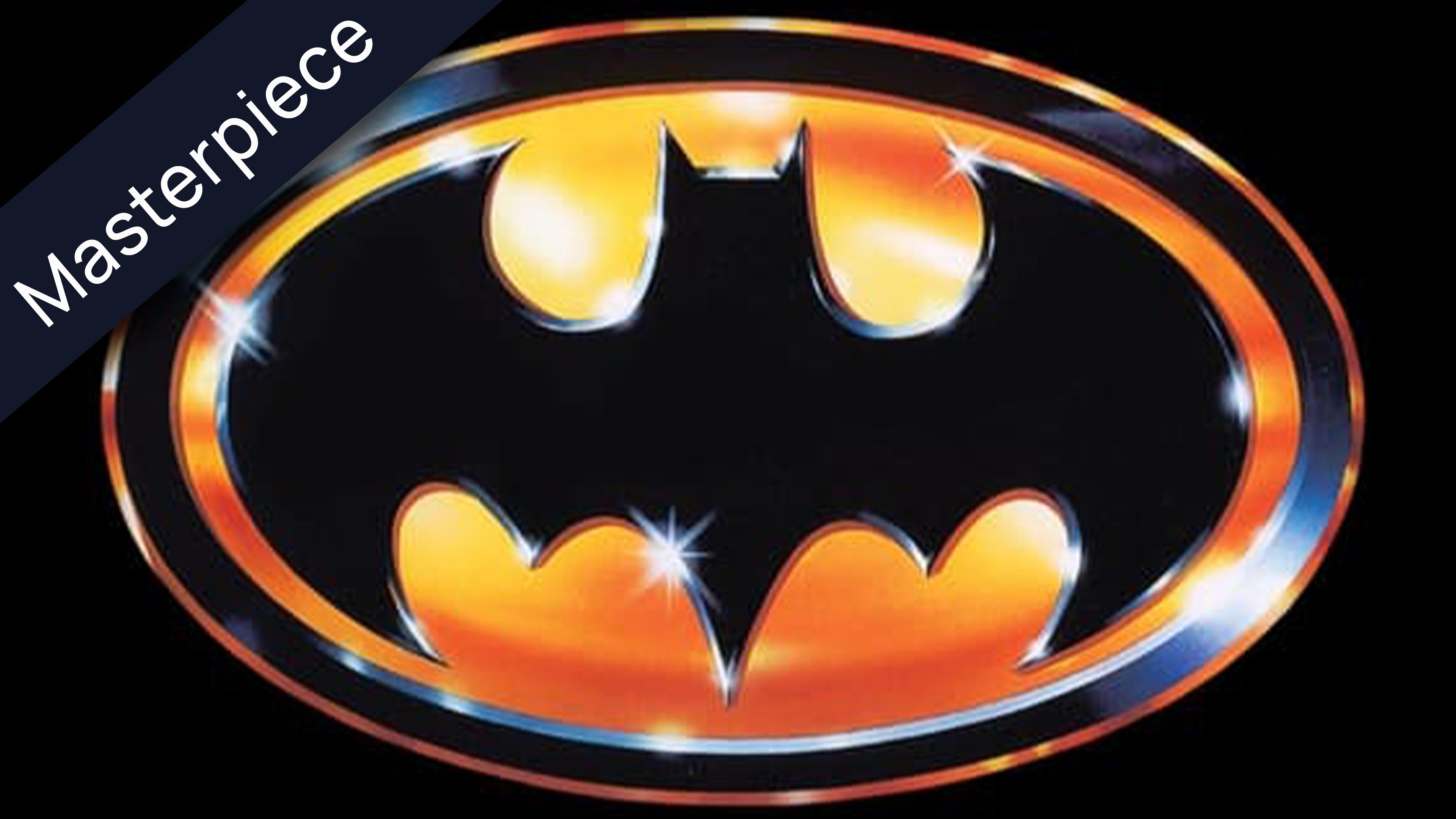 Original Batman logo with Bat-Signal effect, orange and yellow gradient, metallic shine on black background.