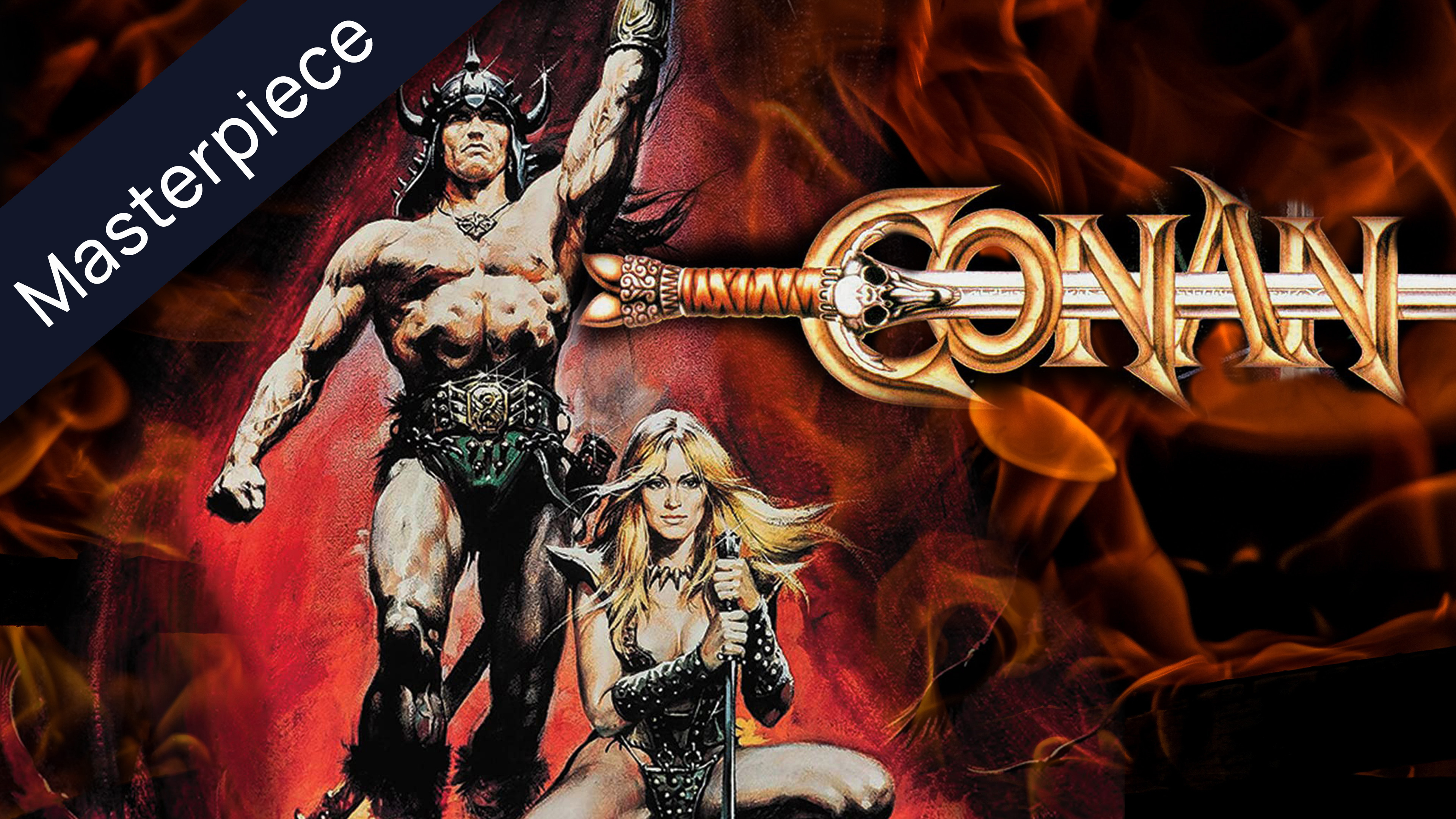 Conan the Barbarian movie poster featuring Conan and Valeria, with the Conan logo, on a red and fiery background, and a Masterpiece banner.